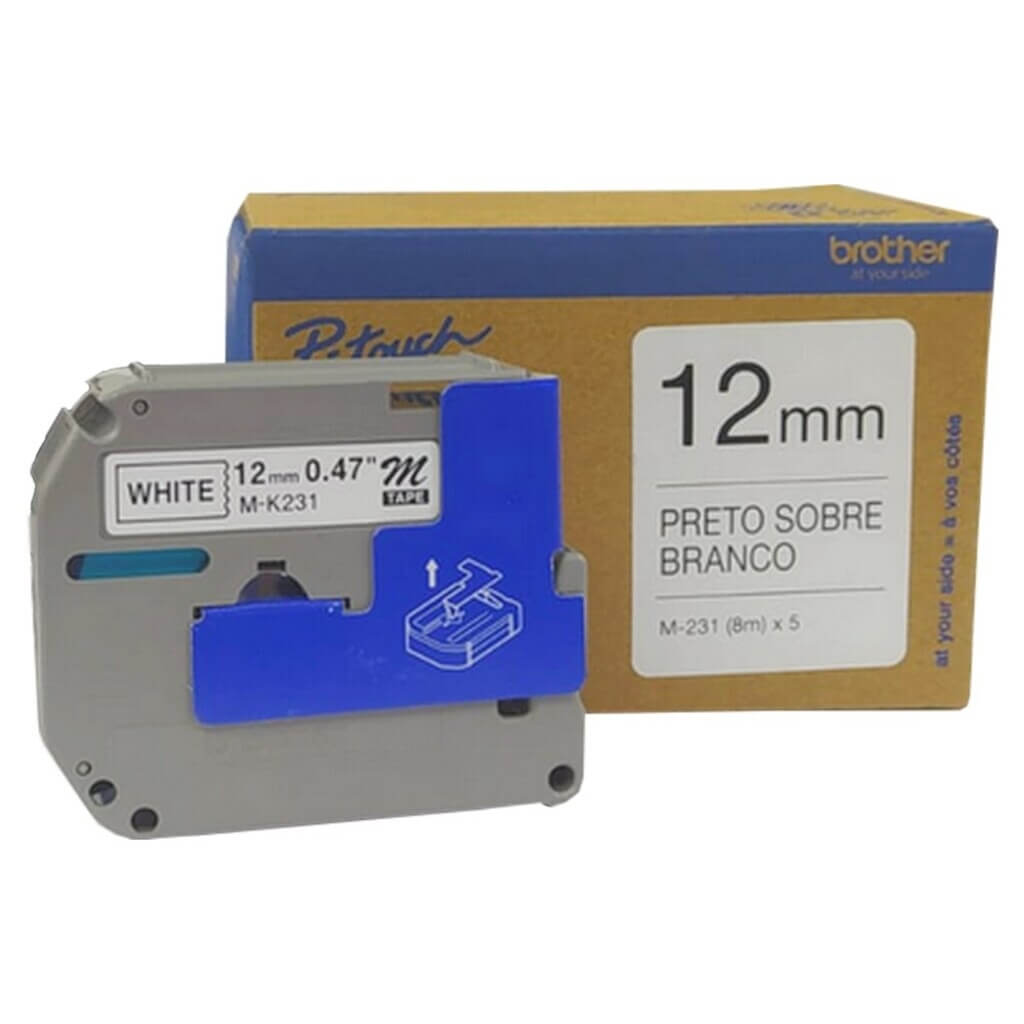 Fita Rotuladora Brother M231M5 Original 12 mm 8 Metros Preto no Branco - Kit C/5 Fitas - Impressorajato